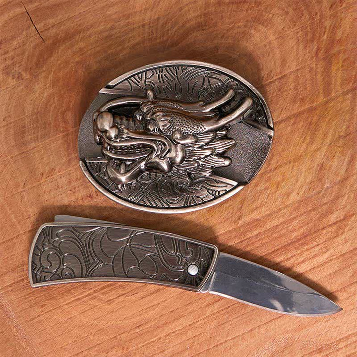 Cintura in pelle con coltello pieghevole nascosto a forma di testa di drago fai da te da uomo