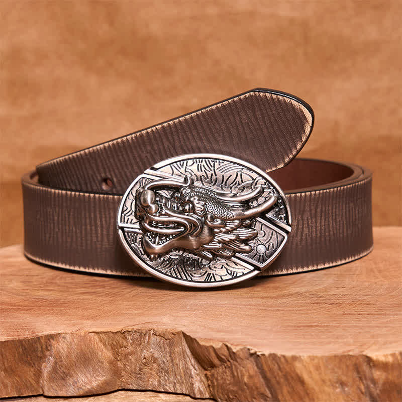 Cintura in pelle con coltello pieghevole nascosto a forma di testa di drago fai da te da uomo - Testa di drago - Cintura marrone anticata - 42 - image 8