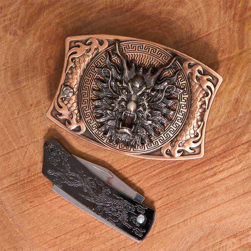 Cintura in pelle con coltello pieghevole nascosto fai da te in bronzo rosso drago da uomo