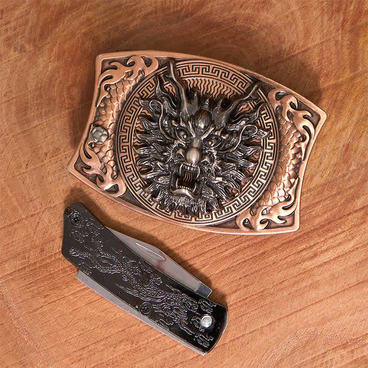Cintura in pelle con coltello pieghevole nascosto fai da te in bronzo rosso drago da uomo