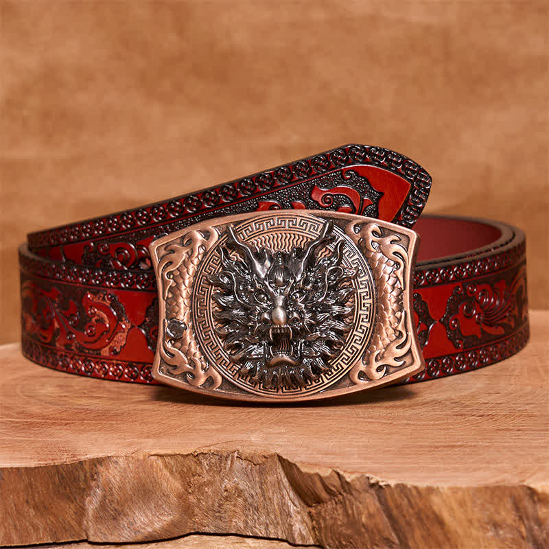 Cintura in pelle con coltello pieghevole nascosto fai da te in bronzo rosso drago da uomo