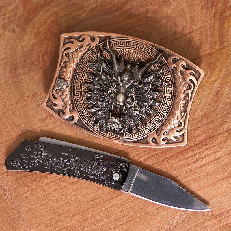 Cintura in pelle con coltello pieghevole nascosto fai da te in bronzo rosso drago da uomo