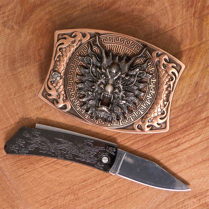 Cintura in pelle con coltello pieghevole nascosto fai da te in bronzo rosso drago da uomo