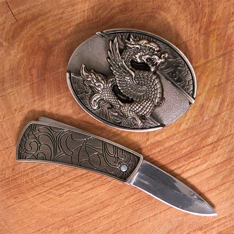 Cintura in pelle con coltello pieghevole nascosto Flying Dragon fai da te da uomo