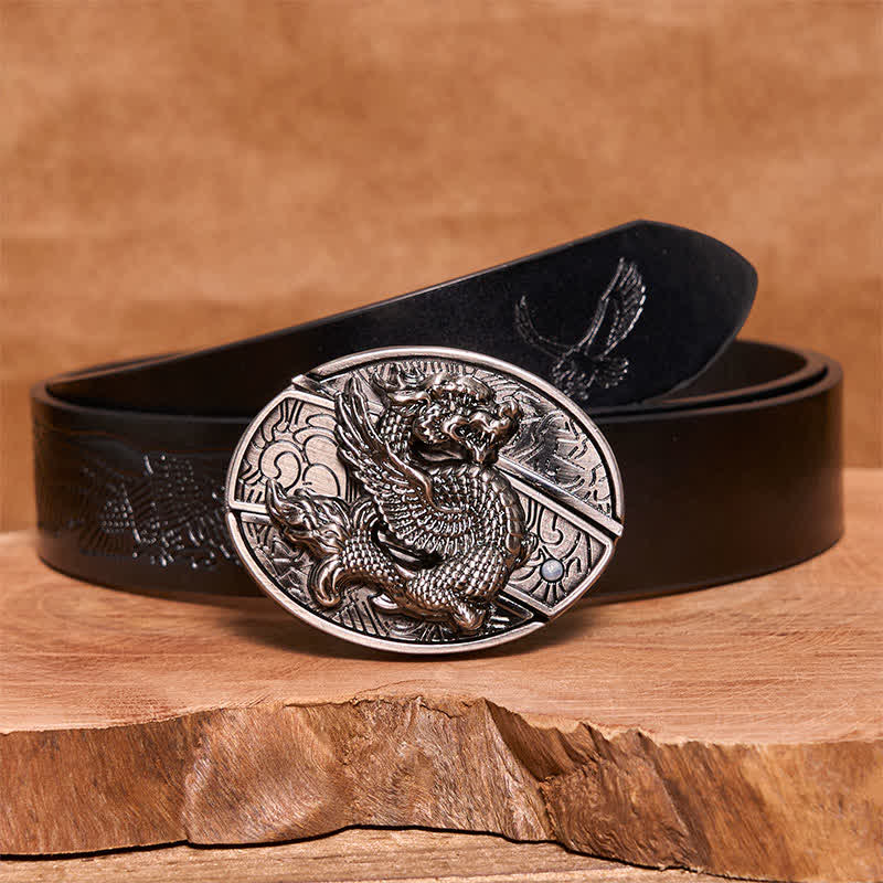 Cintura in pelle con coltello pieghevole nascosto Flying Dragon fai da te da uomo - Drago volante - Cintura con aquila in rilievo nera - 42 - image 7