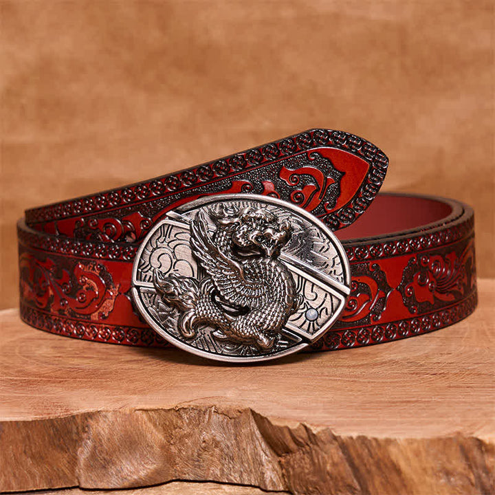 Cintura in pelle con coltello pieghevole nascosto Flying Dragon fai da te da uomo - Drago volante - Cintura intagliata marrone (40) - 42 - image 5
