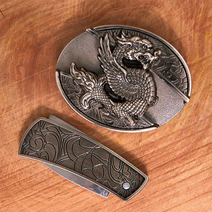 Cintura in pelle con coltello pieghevole nascosto Flying Dragon fai da te da uomo