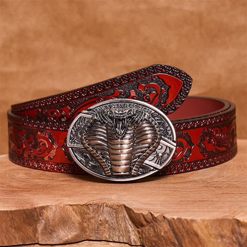 Cintura in pelle con coltello pieghevole nascosto a forma di cobra velenoso fai da te da uomo - Cobra - Cintura marrone intagliata - 42 - image 5