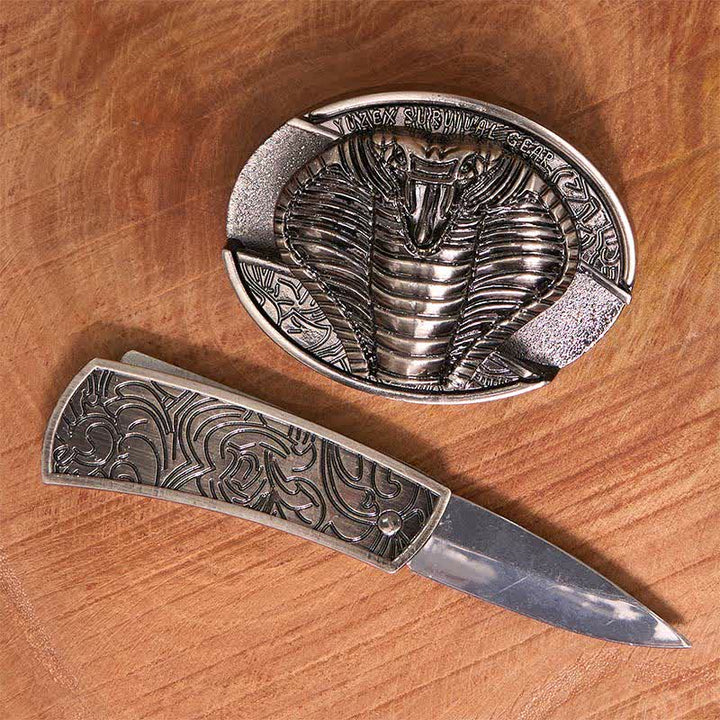 Cintura in pelle con coltello pieghevole nascosto a forma di cobra velenoso fai da te da uomo