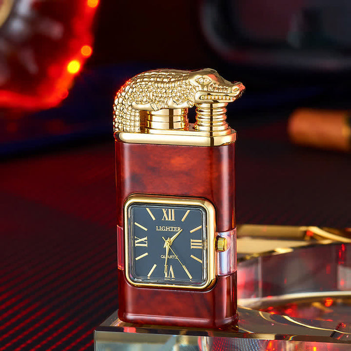 Accendino a butano a doppia fiamma ricaricabile con design a coccodrillo e orologio