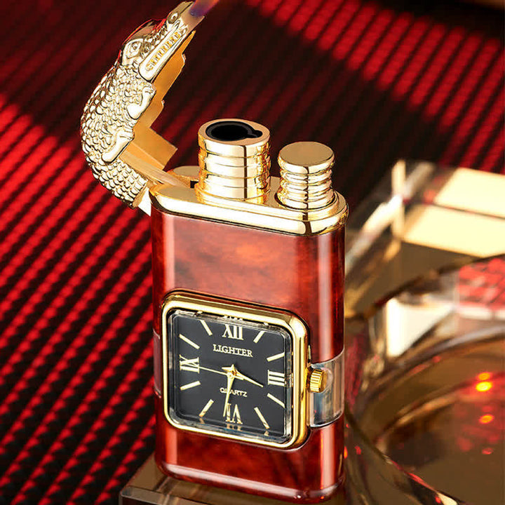 Accendino a butano a doppia fiamma ricaricabile con design a coccodrillo e orologio