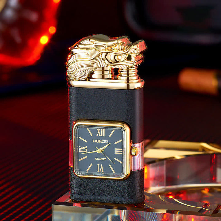 Accendino a butano a doppia fiamma ricaricabile con design a drago e orologio