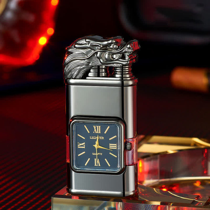 Accendino a butano a doppia fiamma ricaricabile con design a drago e orologio