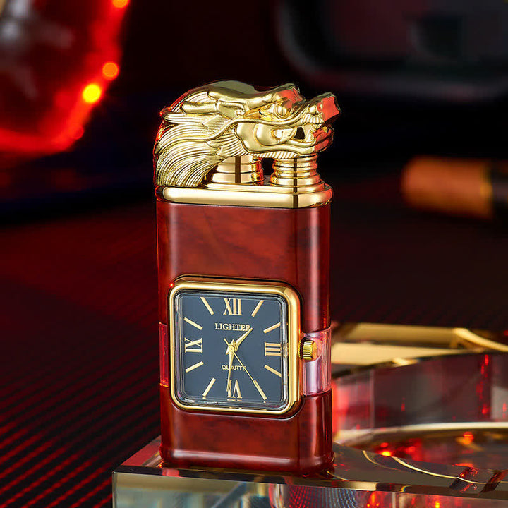 Accendino a butano a doppia fiamma ricaricabile con design a drago e orologio