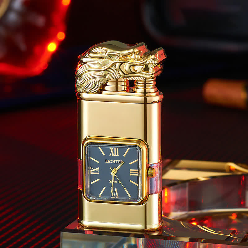 Accendino a butano a doppia fiamma ricaricabile con design a drago e orologio