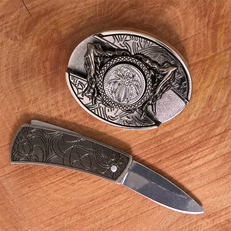 Cintura in pelle con coltello pieghevole nascosto a ragno rotante fai da te da uomo