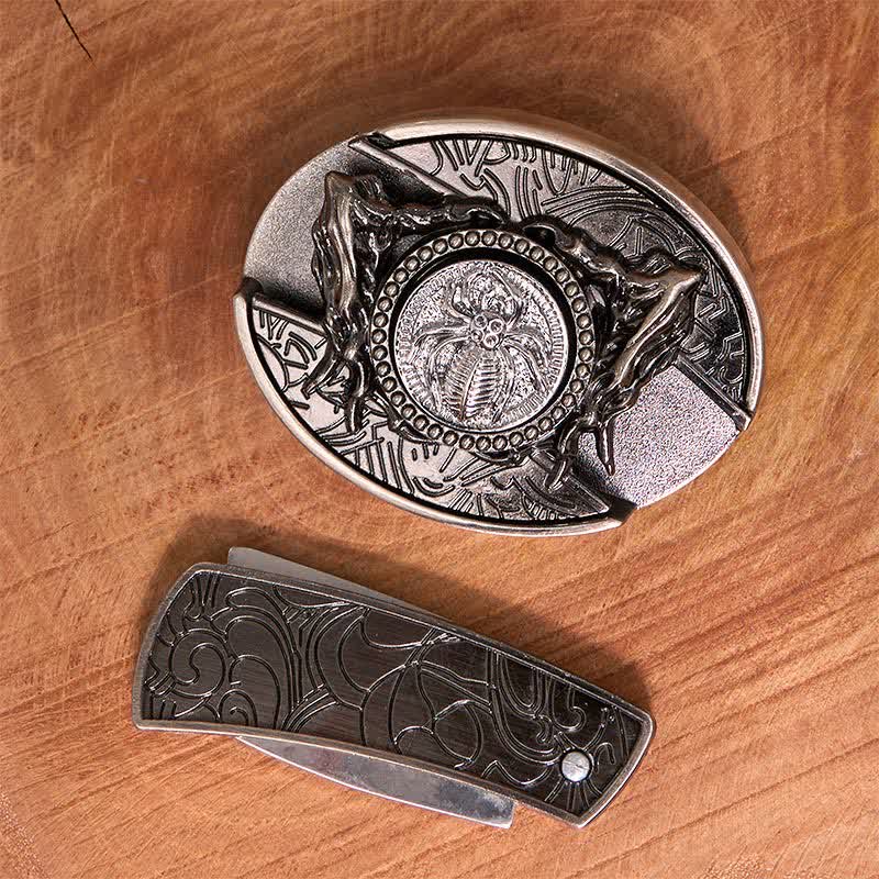 Cintura in pelle con coltello pieghevole nascosto a ragno rotante fai da te da uomo