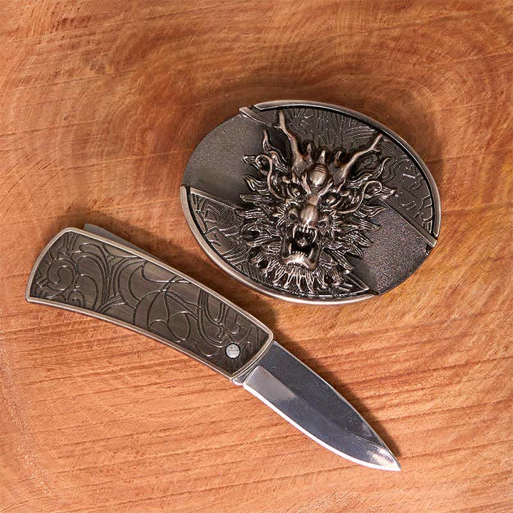 Cintura in pelle con coltello pieghevole nascosto Brave Dragon fai da te da uomo