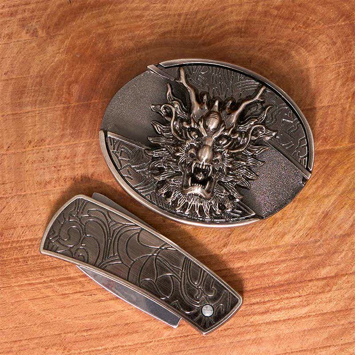 Cintura in pelle con coltello pieghevole nascosto Brave Dragon fai da te da uomo