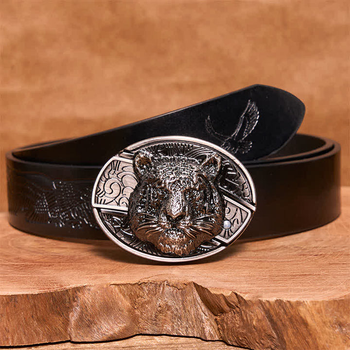 Cintura in pelle con coltello pieghevole nascosto a forma di testa di leopardo fai da te da uomo - Testa di leopardo - Cintura con aquila in rilievo nera - 42 - image 7
