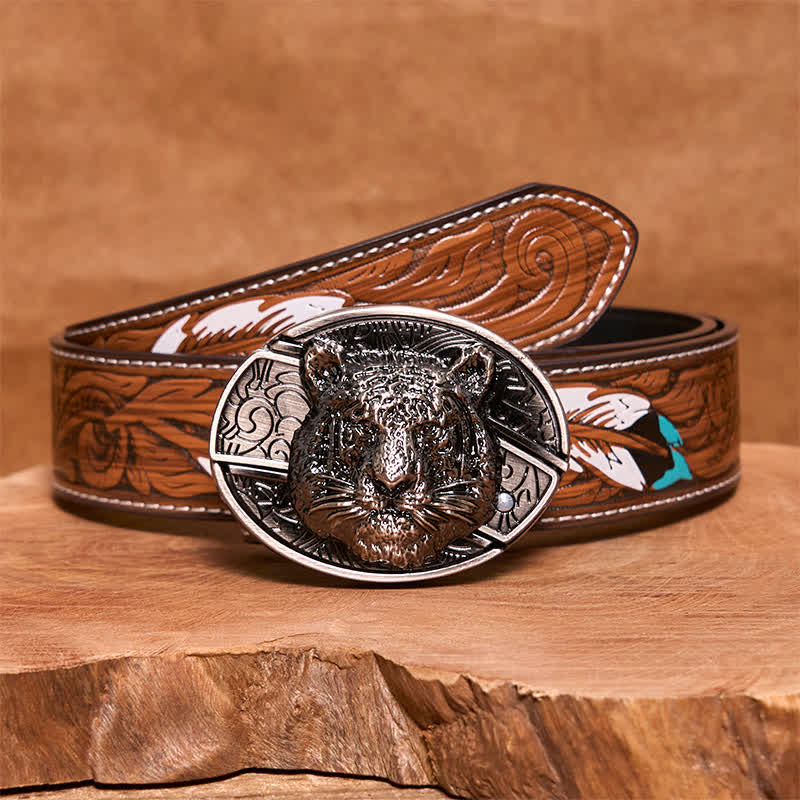 Cintura in pelle con coltello pieghevole nascosto a forma di testa di leopardo fai da te da uomo - Testa di leopardo - Cintura di piume marroni - 40 - image 9