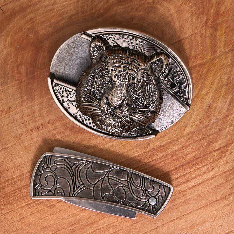 Cintura in pelle con coltello pieghevole nascosto a forma di testa di leopardo fai da te da uomo - image 2