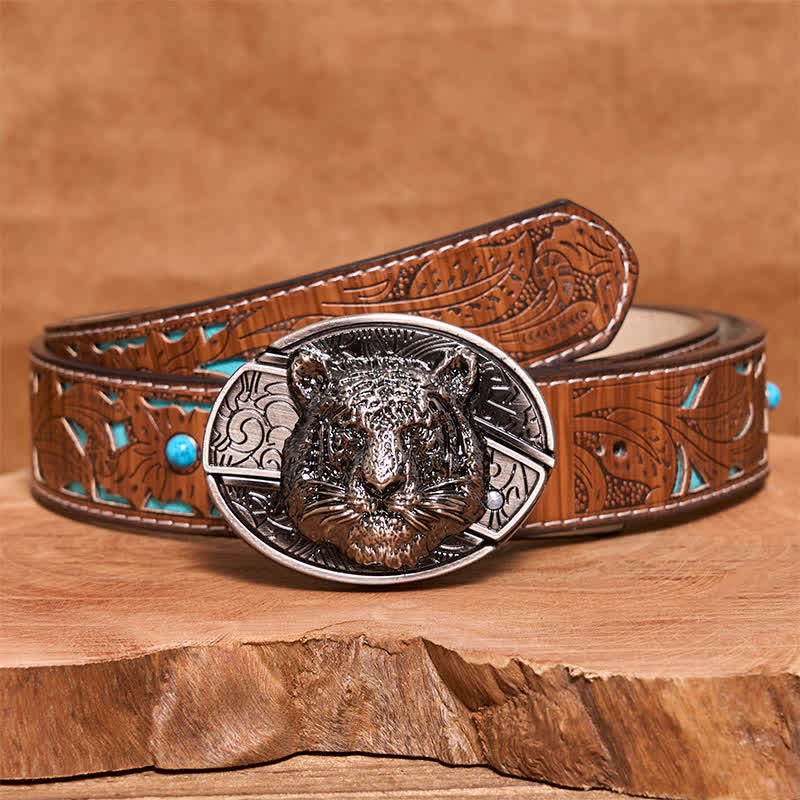 Cintura in pelle con coltello pieghevole nascosto a forma di testa di leopardo fai da te da uomo - Testa di leopardo - Cintura intagliata turchese - 42 - image 6