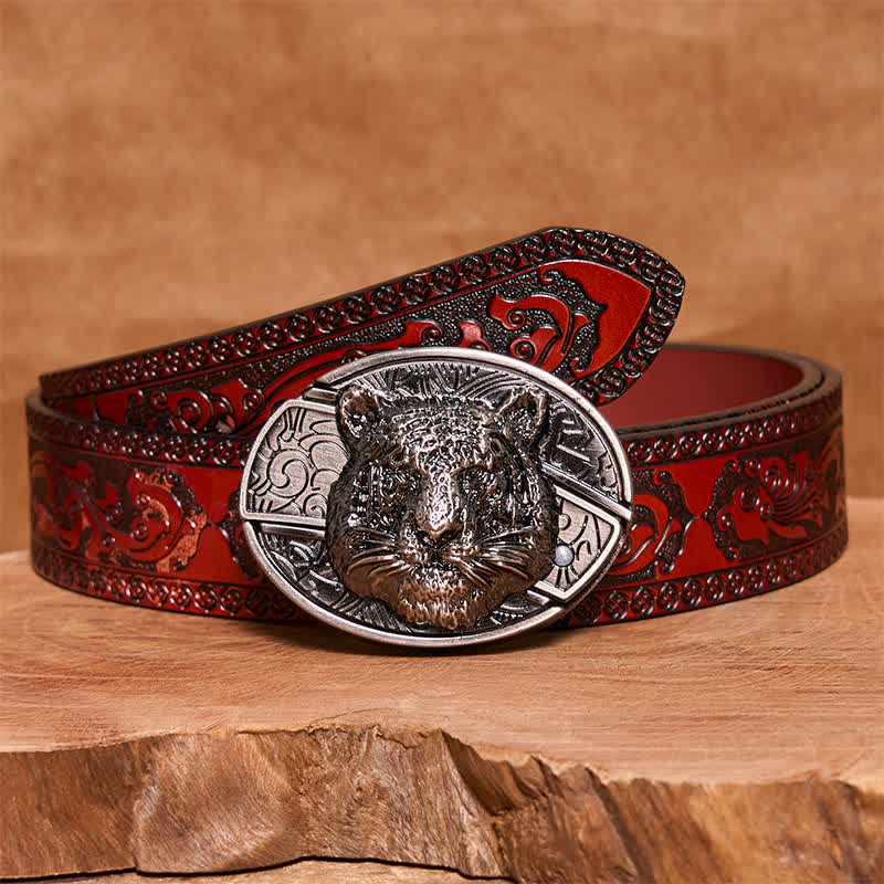Cintura in pelle con coltello pieghevole nascosto a forma di testa di leopardo fai da te da uomo - Testa di leopardo - Cintura marrone intagliata - 42 - image 5