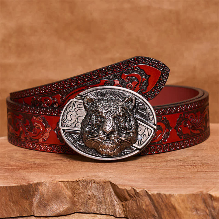 Cintura in pelle con coltello pieghevole nascosto a forma di testa di leopardo fai da te da uomo - Testa di leopardo - Cintura marrone intagliata - 42 - image 5