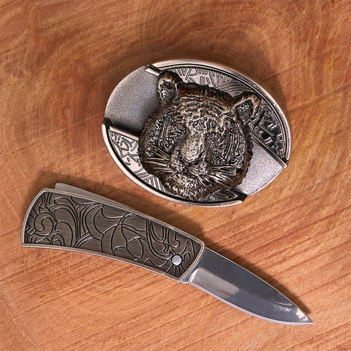 Cintura in pelle con coltello pieghevole nascosto a forma di testa di leopardo fai da te da uomo
