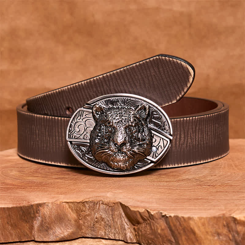 Cintura in pelle con coltello pieghevole nascosto a forma di testa di leopardo fai da te da uomo - Testa di leopardo - Cintura marrone anticata - 42 - image 8