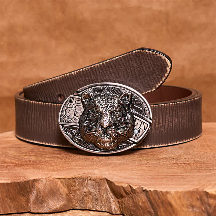 Cintura in pelle con coltello pieghevole nascosto a forma di testa di leopardo fai da te da uomo - Testa di leopardo - Cintura marrone anticata - 42 - image 8