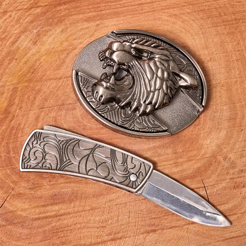 Cintura in pelle con coltello pieghevole nascosto Roaring Tiger fai da te da uomo