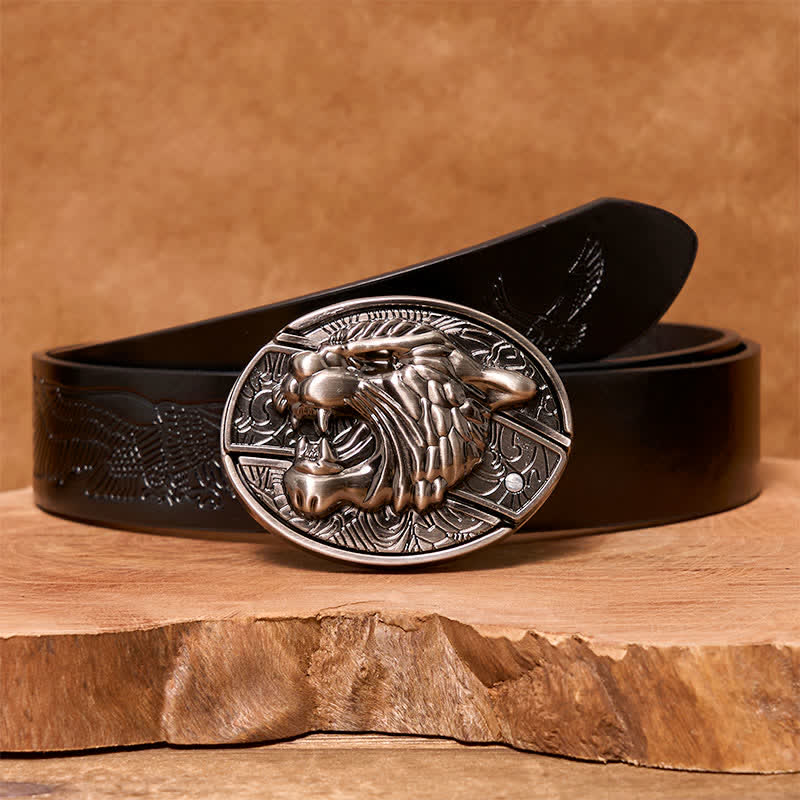 Cintura in pelle con coltello pieghevole nascosto Roaring Tiger fai da te da uomo - Tigre ruggente - Cintura con aquila in rilievo nera - 42 - image 5