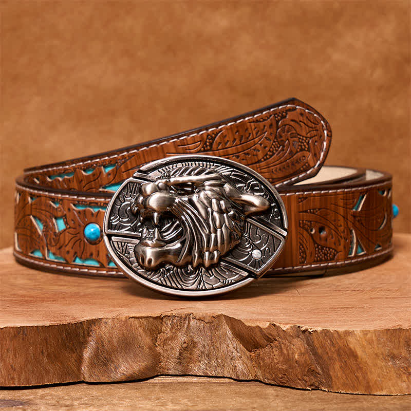 Cintura in pelle con coltello pieghevole nascosto Roaring Tiger fai da te da uomo - Tigre ruggente - Cintura intagliata turchese - 42 - image 7