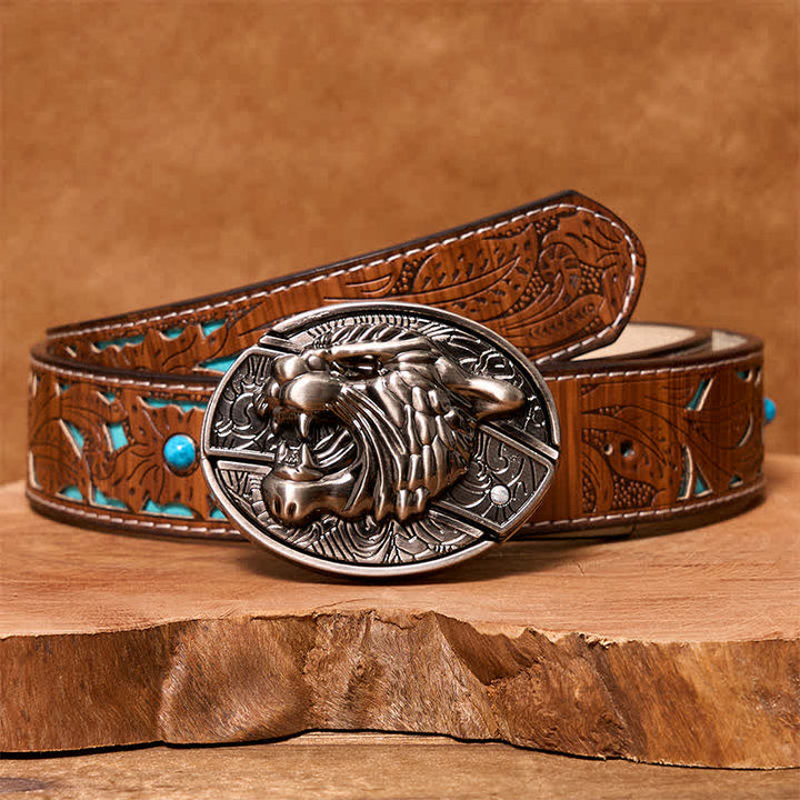Cintura in pelle con coltello pieghevole nascosto Roaring Tiger fai da te da uomo - Tigre ruggente - Cintura intagliata turchese - 42 - image 7