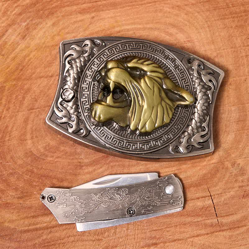 Cintura in pelle con coltello pieghevole nascosto Tiger fai da te da uomo