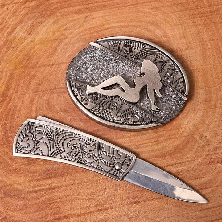 Cintura in pelle con coltello pieghevole nascosto fai da te da uomo con silhouette femminile
