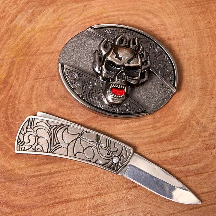 Cintura in pelle con coltello pieghevole nascosto a forma di teschio di fiamma fai da te da uomo