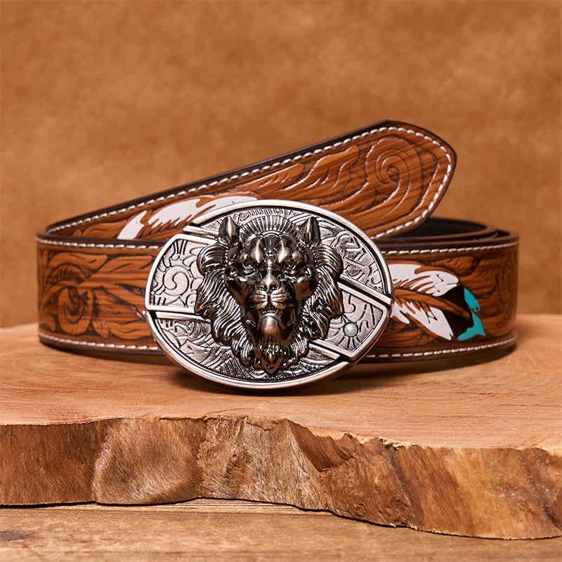Cintura in pelle con coltello pieghevole nascosto con stemma del leone fai da te da uomo - Leone - Cintura di piume marroni - 40 - image 9