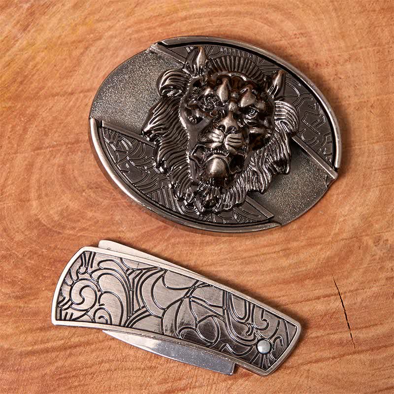 Cintura in pelle con coltello pieghevole nascosto con stemma del leone fai da te da uomo