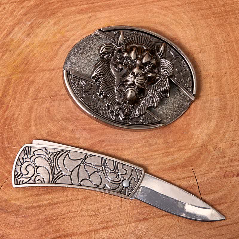 Cintura in pelle con coltello pieghevole nascosto con stemma del leone fai da te da uomo