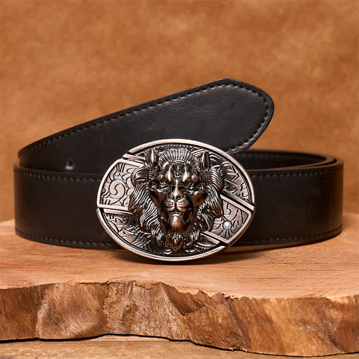 Cintura in pelle con coltello pieghevole nascosto con stemma del leone fai da te da uomo