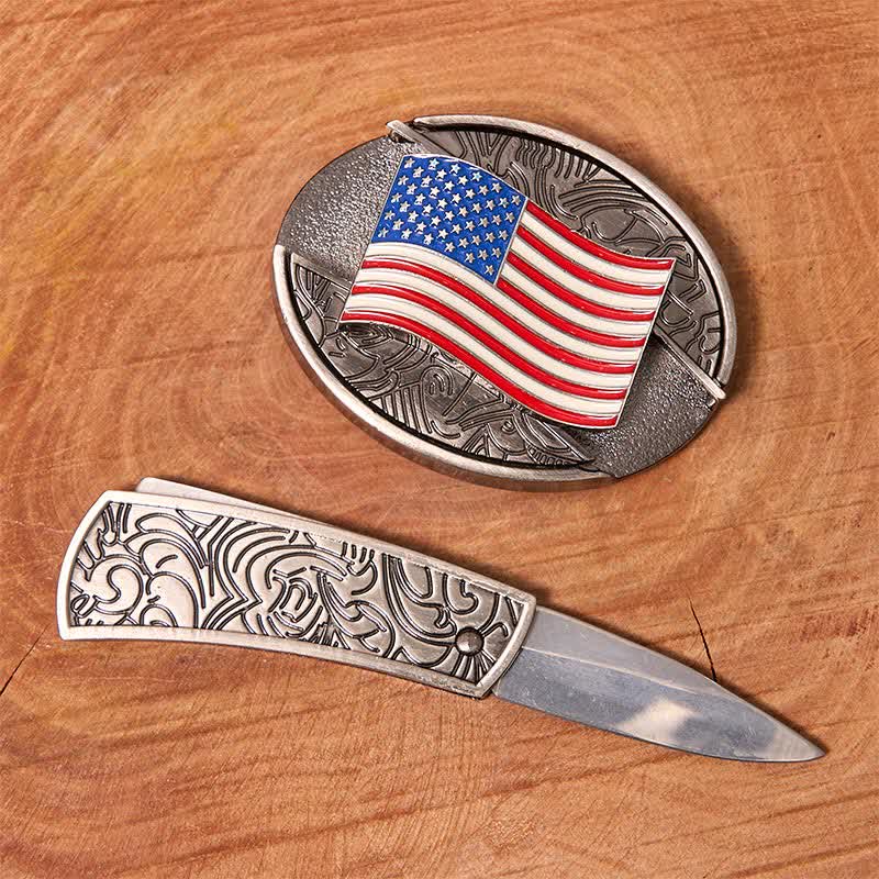 Cintura in pelle fai da te con coltello pieghevole nascosto con bandiera americana da uomo