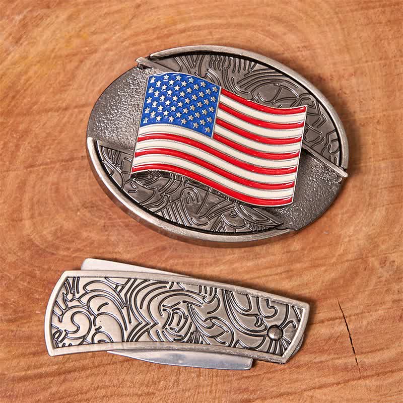 Cintura in pelle fai da te con coltello pieghevole nascosto con bandiera americana da uomo