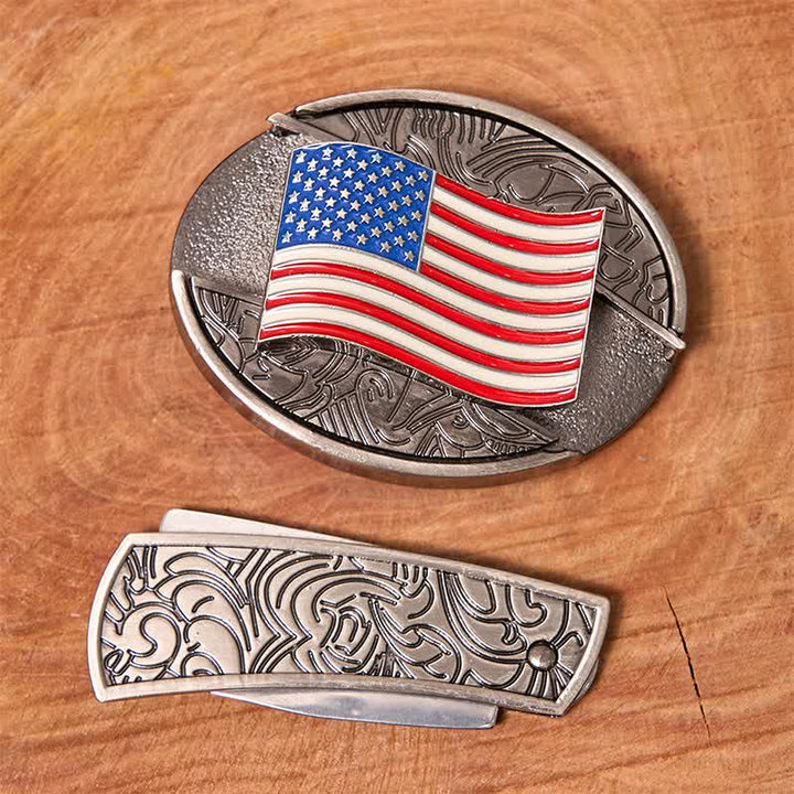 Cintura in pelle fai da te con coltello pieghevole nascosto con bandiera americana da uomo