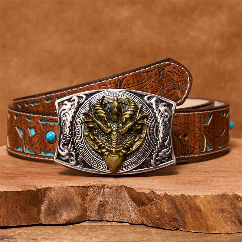 Cintura in pelle con coltello pieghevole nascosto fai da te a forma di drago dal becco affilato da uomo - Drago dal becco affilato - Cintura intagliata turchese - 42 - image 6