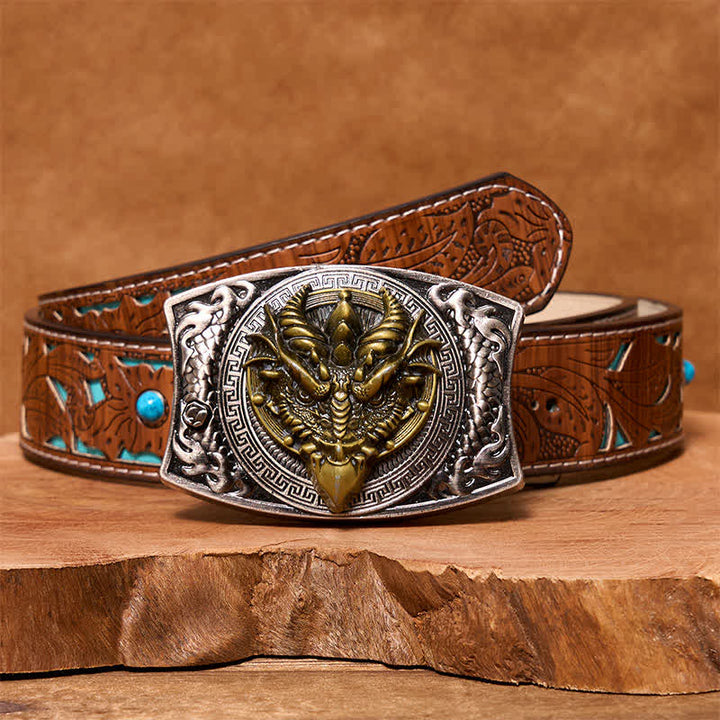 Cintura in pelle con coltello pieghevole nascosto fai da te a forma di drago dal becco affilato da uomo - Drago dal becco affilato - Cintura intagliata turchese - 42 - image 6