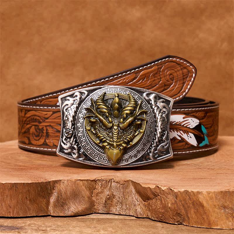 Cintura in pelle con coltello pieghevole nascosto fai da te a forma di drago dal becco affilato da uomo - Drago dal becco affilato - Cintura di piume marroni - 40 - image 9