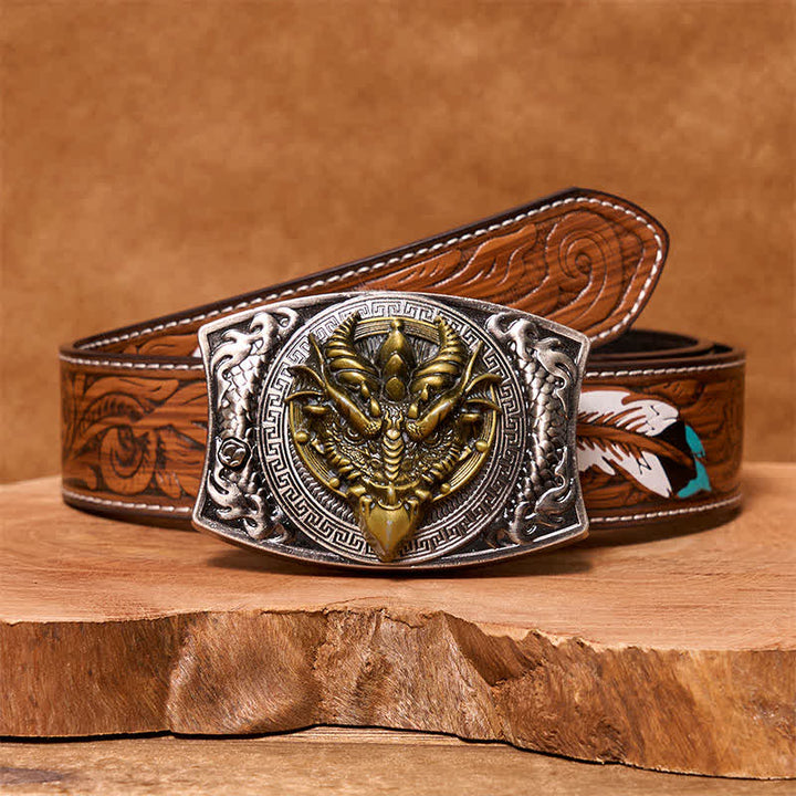 Cintura in pelle con coltello pieghevole nascosto fai da te a forma di drago dal becco affilato da uomo - Drago dal becco affilato - Cintura di piume marroni - 40 - image 9